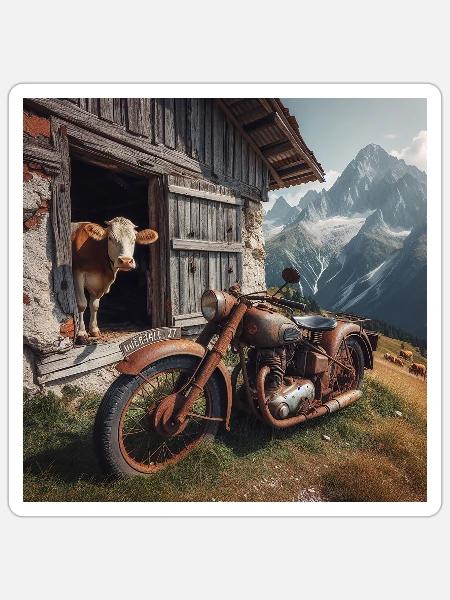 Kuh und Motorrad auf der Alm - Sticker Größe S (10 x 10 cm) - Mattweiß