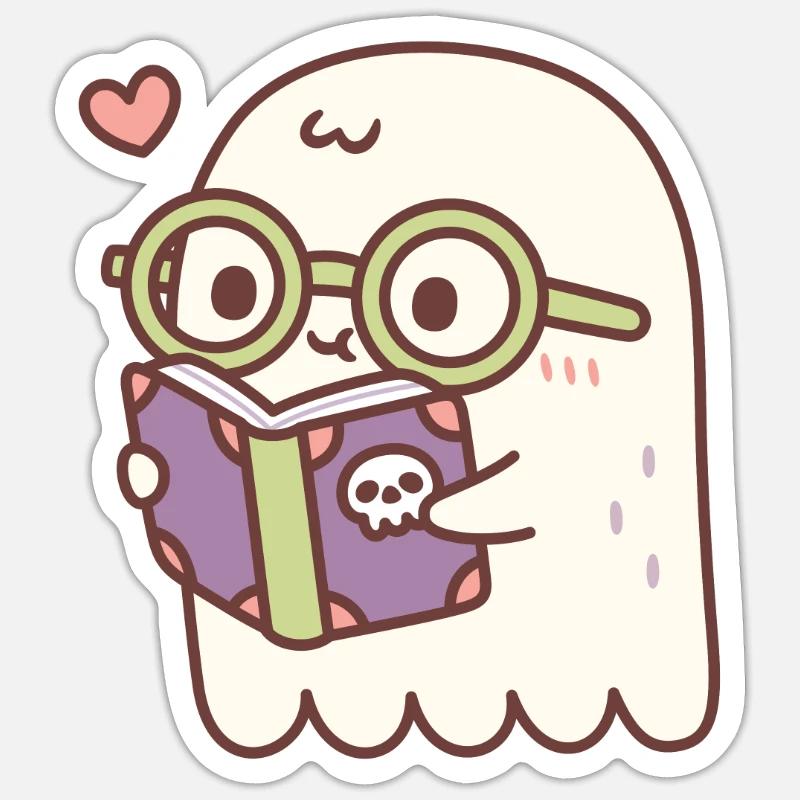 Fantôme mignon lisant un livre avec un crâne - Sticker taille S (10 x 10 cm) - blanc mat