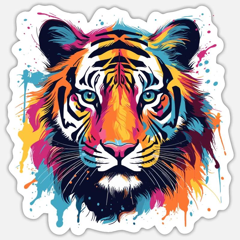 Bunter Tiger Farbkleckse Farbspritzer - Sticker Größe S (10 x 10 cm) - Mattweiß
