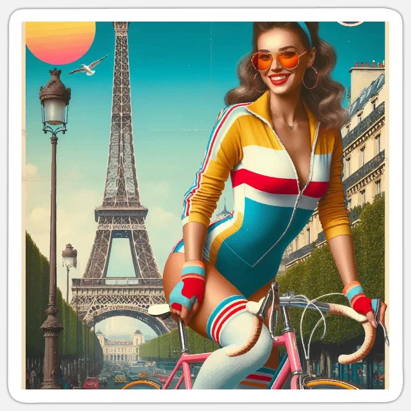 Belle jeune fille à vélo devant la tour Eiffel - Sticker taille S (10 x 10 cm) - blanc mat