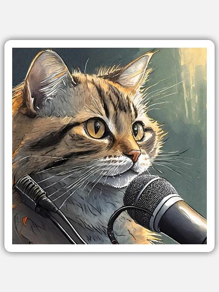 Katze mit Mikrofon - Sticker Größe S (10 x 10 cm) - Mattweiß