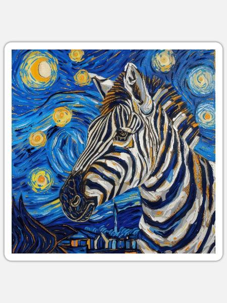 zebra, van gogh, sternennacht, geschenk - Sticker Größe S (10 x 10 cm) - Mattweiß