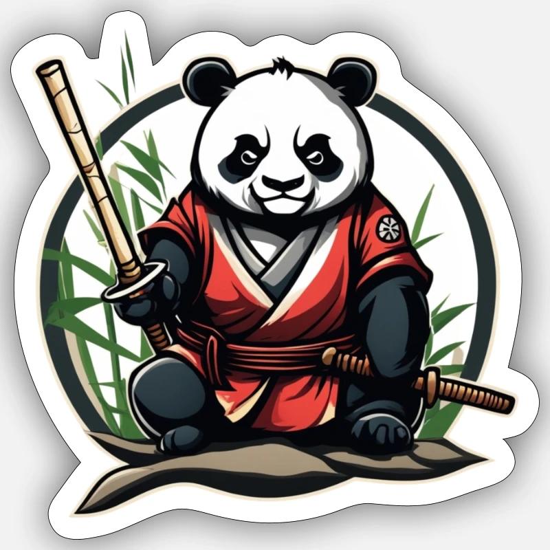 Panda Samouraï dans son jardin - Sticker taille S (10 x 10 cm) - blanc mat