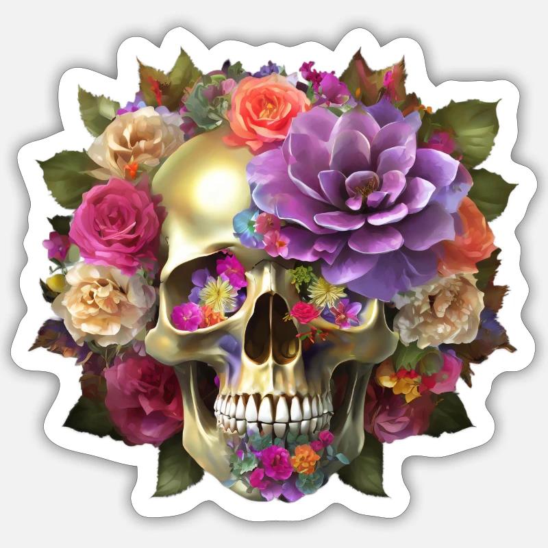 Crâne avec des fleurs - Sticker taille S (10 x 10 cm) - blanc mat