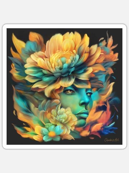 Magisches Frauenportrait mit Blumen - Sticker Größe S (10 x 10 cm) - Mattweiß