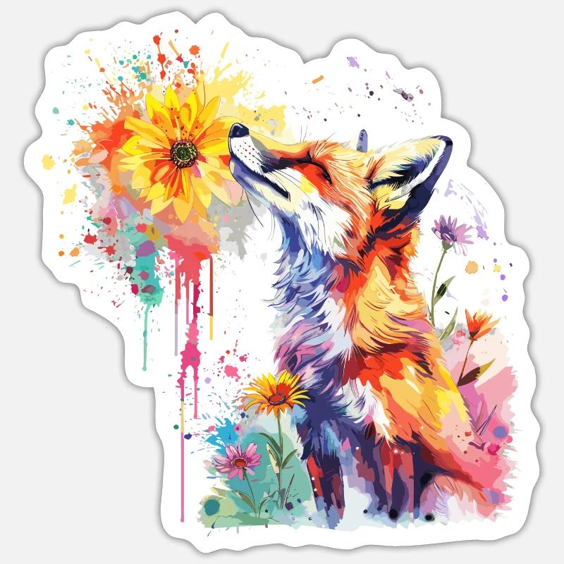 Renard avec fleur aquarelle, Fox - Sticker taille S (10 x 10 cm) - blanc mat