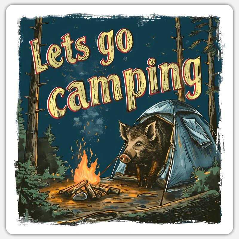 Allons camper Sanglier Aventure Camping - Sticker taille S (10 x 10 cm) - blanc mat