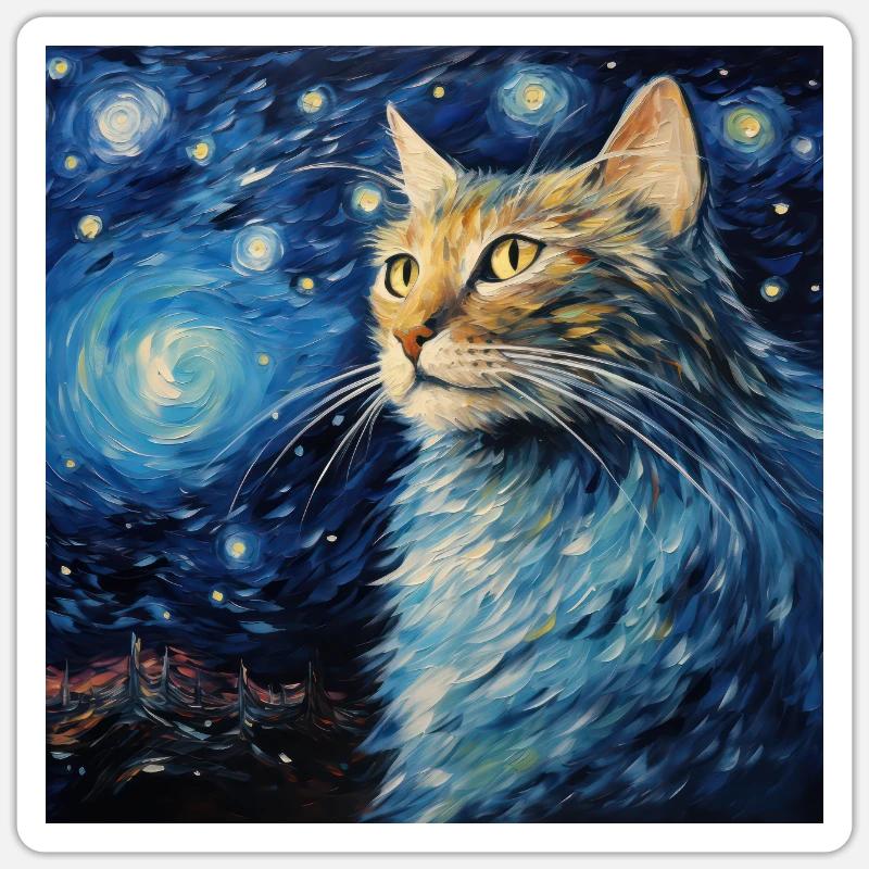 Chat, Motif De Chat, Van Gogh, Nuit Étoilée Sticker taille S (10 x 10 cm)