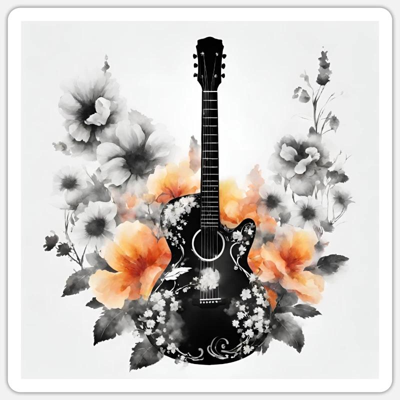 GITARRE IN BLÜTE - Sticker Größe S (10 x 10 cm) - Mattweiß
