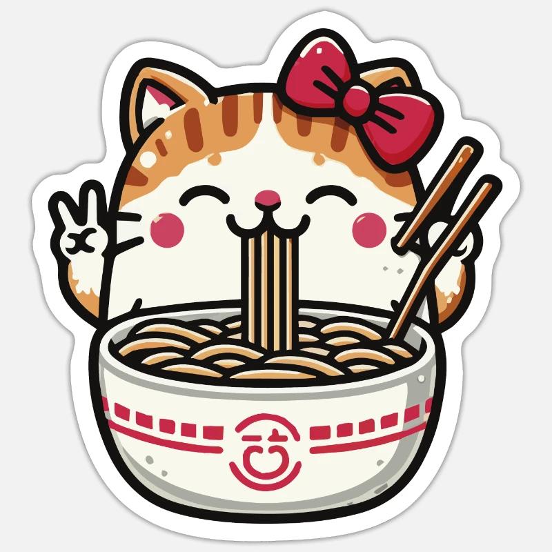 Chat Kawaii mignon mangeant des Ramen 2 - Sticker taille S (10 x 10 cm) - blanc mat