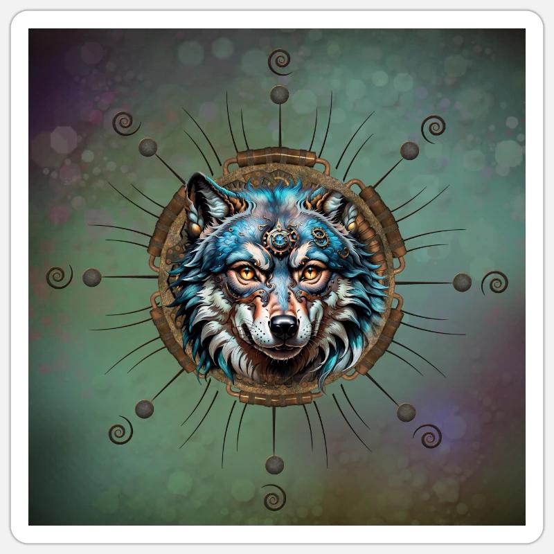 Fantastique loup steampunk. - Sticker taille S (10 x 10 cm) - blanc mat