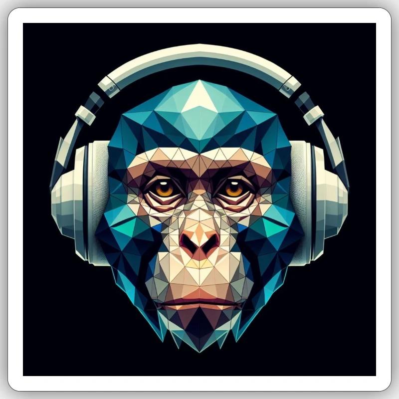 Ein Affe mit Kopfhörer im Polygon-Stil - Sticker Größe S (10 x 10 cm) - Mattweiß