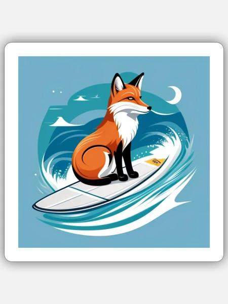 Fuchs auf dem Surfbrett im Meer - Sticker Größe S (10 x 10 cm) - Mattweiß