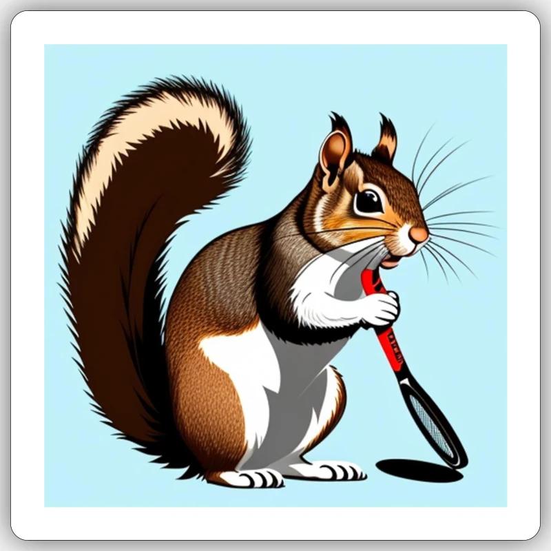 Eichhörnchen mit einem Tennisschläger - Sticker Größe S (10 x 10 cm) - Mattweiß