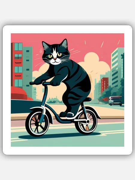 Katze fährt mit dem Tretroller auf der Strasse - Sticker Größe S (10 x 10 cm) - Mattweiß
