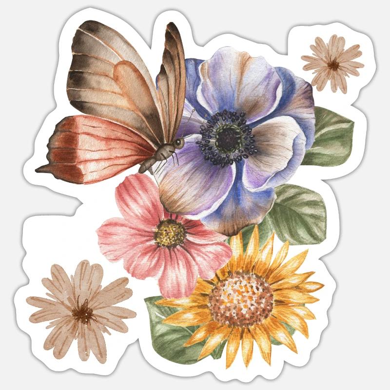 FLEURS & PAPILLON - Sticker taille S (10 x 10 cm) - blanc mat