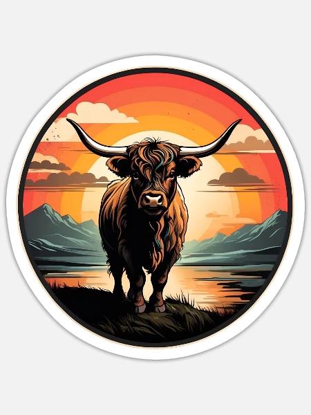 Schottisches Hochlandrind Highlands. Vintage Stil - Sticker Größe S (10 x 10 cm) - Mattweiß