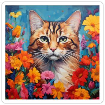 Katze, katzenmotiv, blumen, geschenk, geschenkidee - Sticker Größe S (10 x 10 cm) - Mattweiß - Vorne