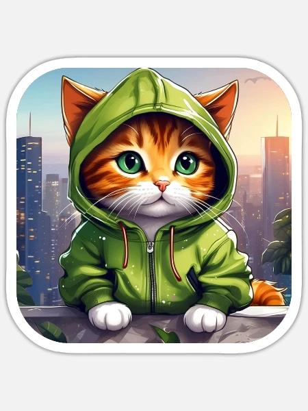 Coole Katze mit Hoodie - Sticker Größe S (10 x 10 cm) - Mattweiß