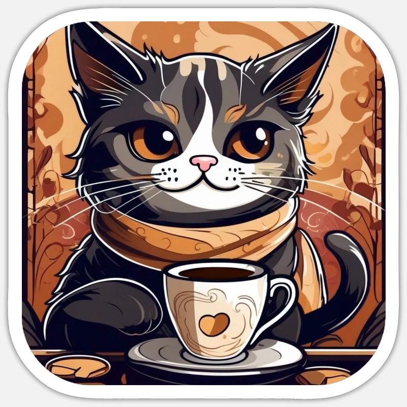 Chat de café mignon Sticker taille S (10 x 10 cm)