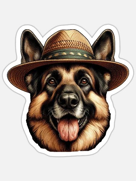 Niedlicher Deutscher Schäferhund mit Strohhut - Sticker Größe S (10 x 10 cm) - Mattweiß