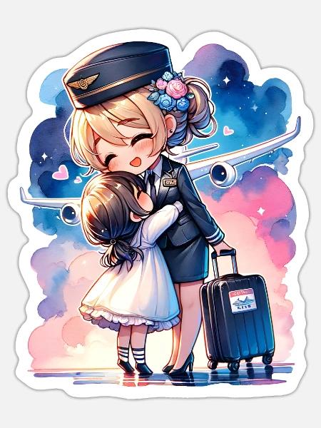 Flugbegleiterin Mutter mit ihrer Tochter - Sticker Größe S (10 x 10 cm) - Mattweiß