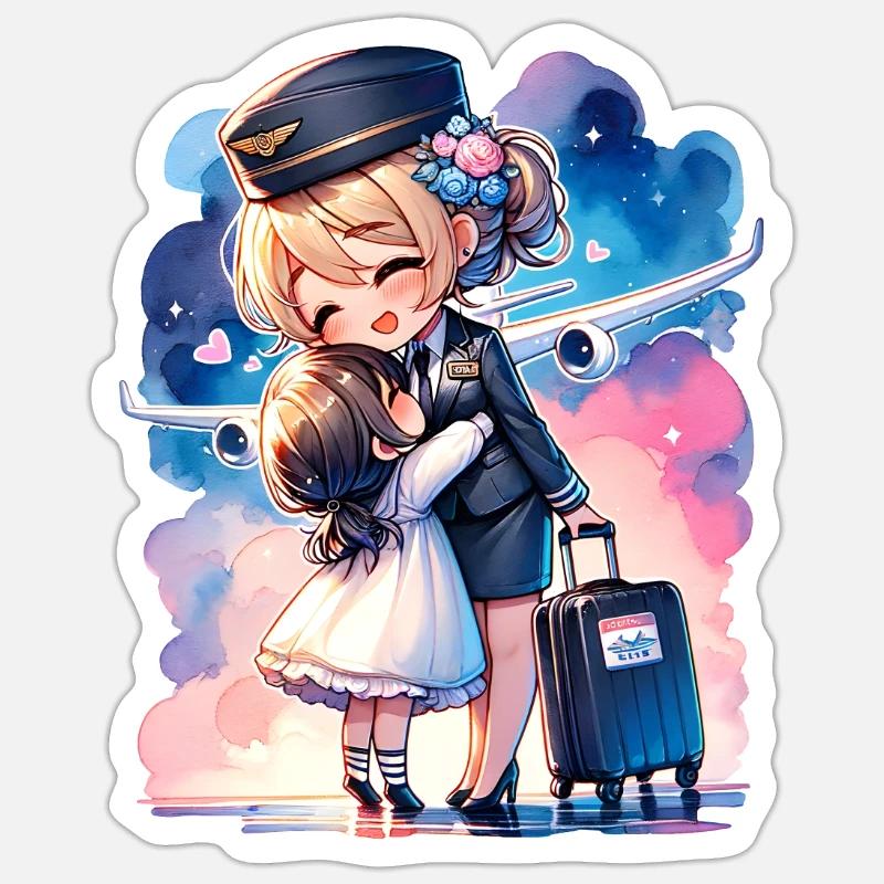 Flugbegleiterin Mutter mit ihrer Tochter - Sticker Größe S (10 x 10 cm) - Mattweiß
