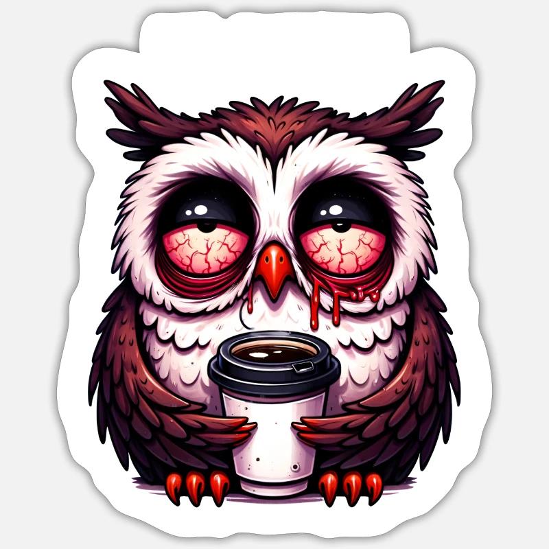 Eule verschlafen mit Kaffee Sticker Größe S (10 x 10 cm)