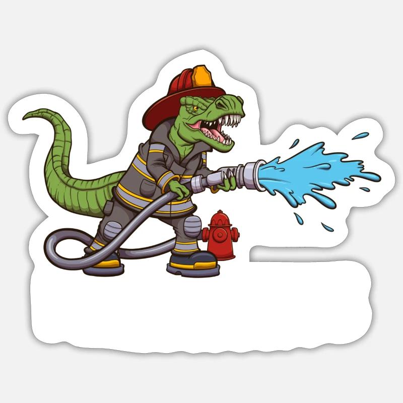 Firesaurus Dinosaur Firefighter Cartoon - Sticker size S (10 x 10 cm) - white matte