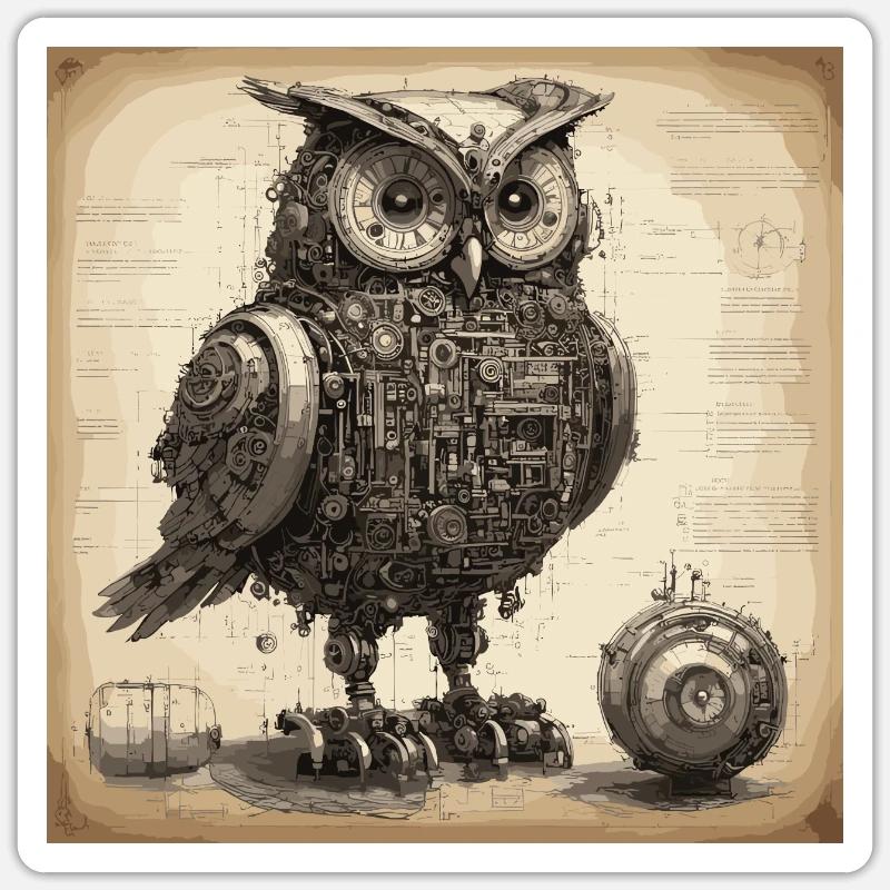 Bauplan / Sepia / Vintage / Retro / Eule - Sticker Größe S (10 x 10 cm) - Mattweiß