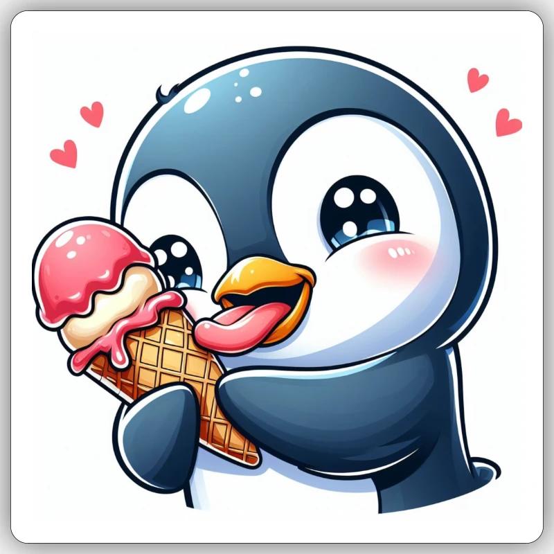 Süsser Pinguin am Softeis essen. Pinguin mit Eis Sticker size S (10 x 10 cm)