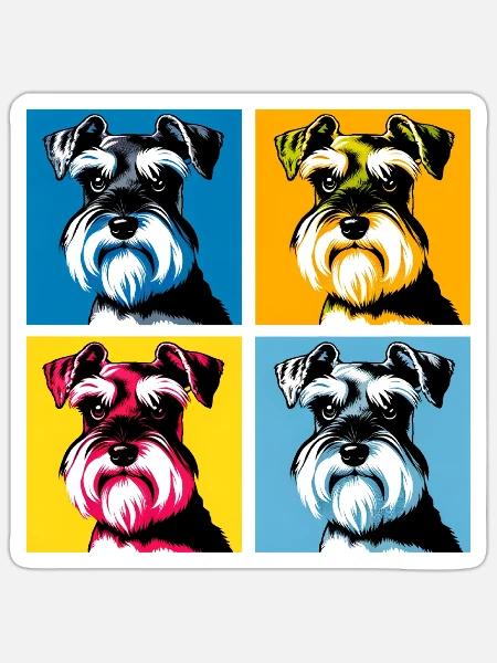 Pop Miniatur Schnauzer Hund Porträt - Pet Portrai - Sticker Größe S (10 x 10 cm) - Mattweiß