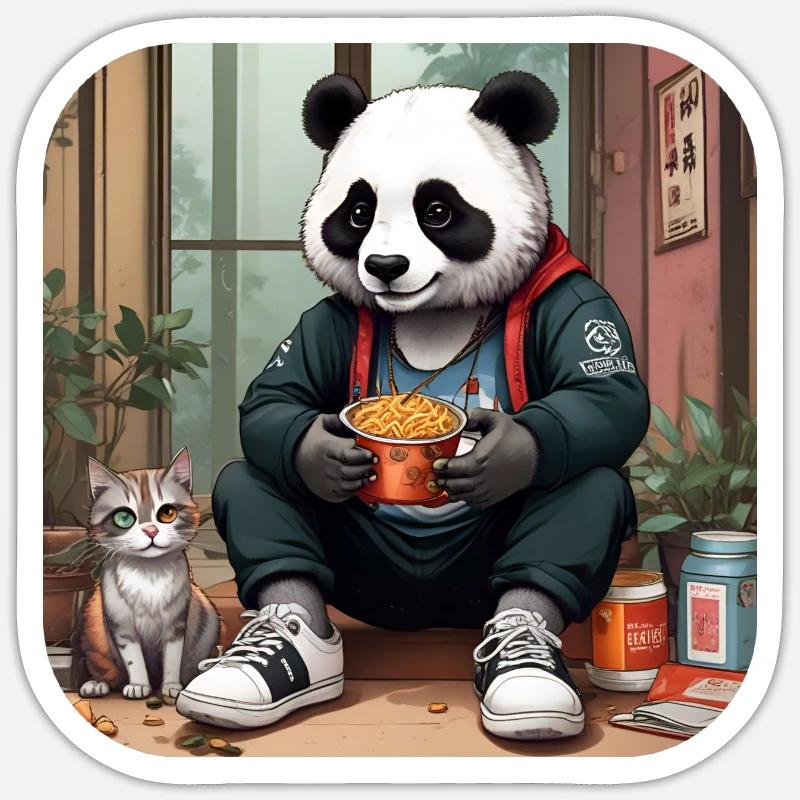 Panda cool avec chat - Sticker taille S (10 x 10 cm) - blanc mat