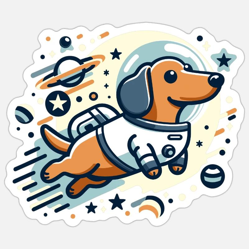 Teckel astronaute dans l’espace - Sticker taille S (10 x 10 cm) - blanc mat