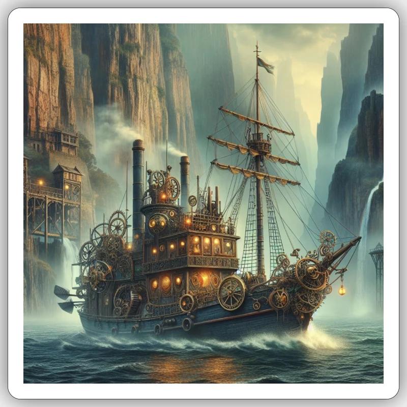 Bateau steampunk - Sticker taille S (10 x 10 cm) - blanc mat
