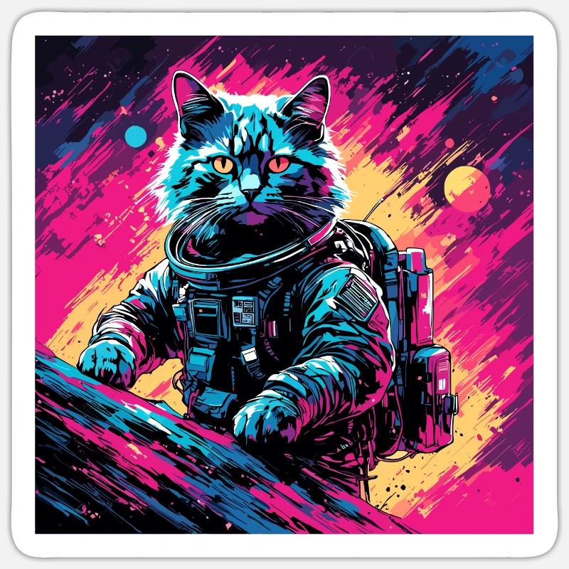 Astronaute / Espace / Chat / Coq / Vaisseau spatial - Sticker taille S (10 x 10 cm) - blanc mat
