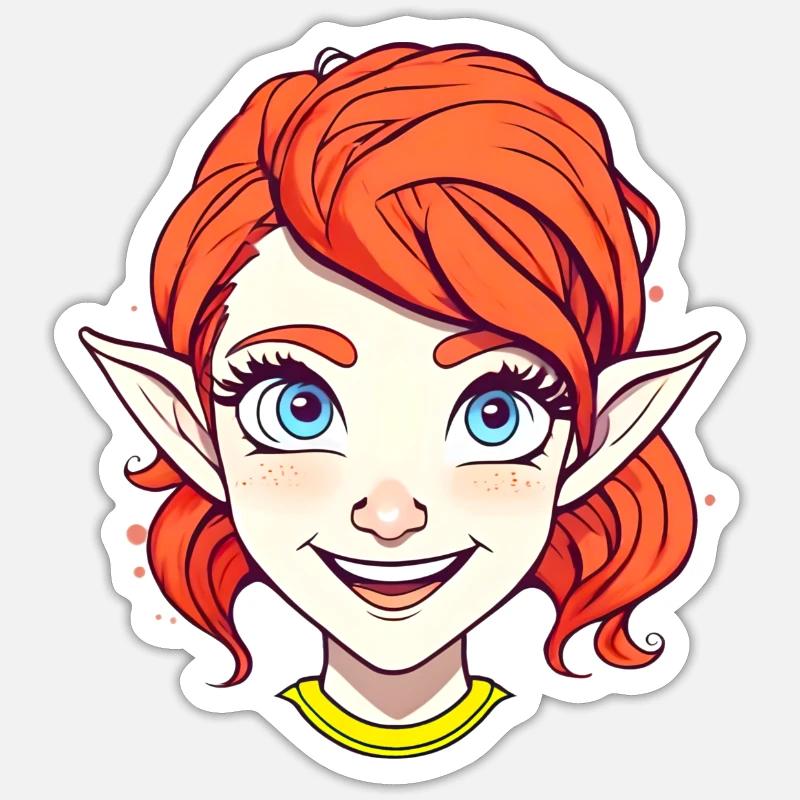 Elfe joyeuse rousse aux yeux bleus - Sticker taille S (10 x 10 cm) - blanc mat