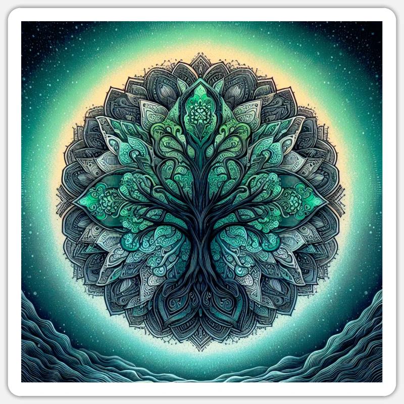 Mandala-Baum in Seegrün - Sticker Größe S (10 x 10 cm) - Mattweiß