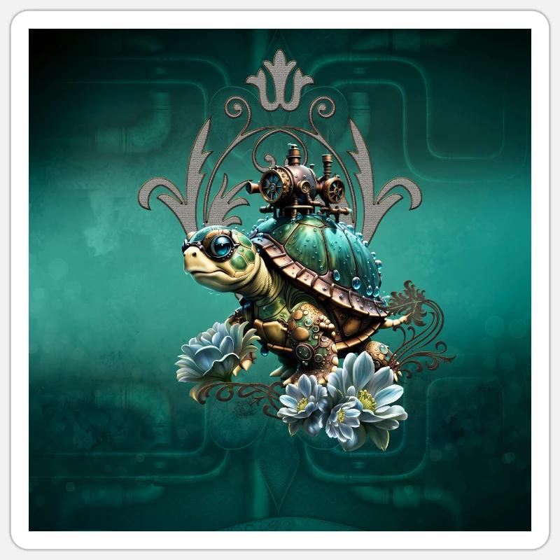 Tortue steampunk unique. - Sticker taille S (10 x 10 cm) - blanc mat