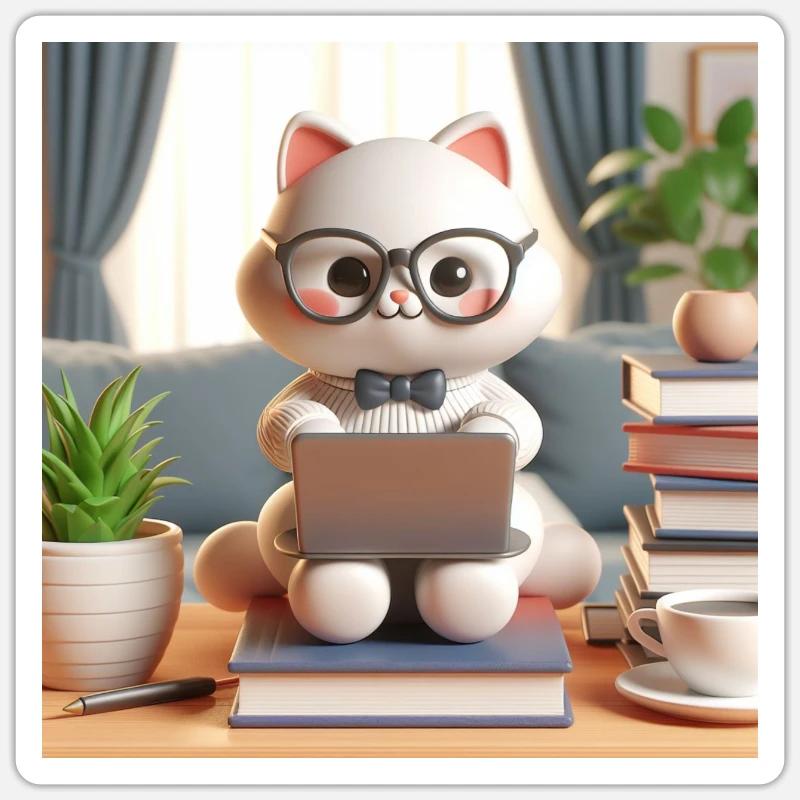 3D-Computer-Katze - Sticker Größe S (10 x 10 cm) - Mattweiß