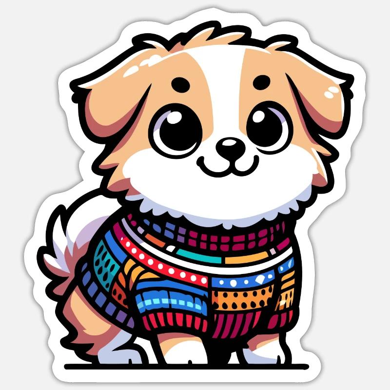 Snug Pup: Der Pullover tragende Hund - Sticker Größe S (10 x 10 cm) - Mattweiß