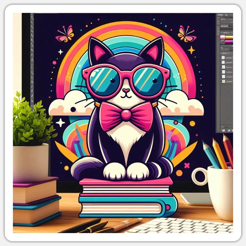 Fleißige Katze mit Brille Sticker Größe S (10 x 10 cm)