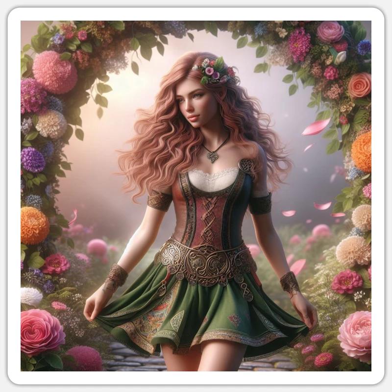 Femme celtique dans une arche de fleurs - Sticker taille S (10 x 10 cm) - blanc mat