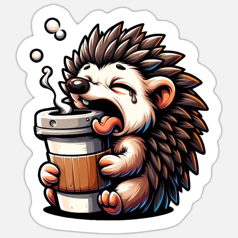 Gähnender Igel mit Kaffee - Sticker Größe S (10 x 10 cm) - Mattweiß