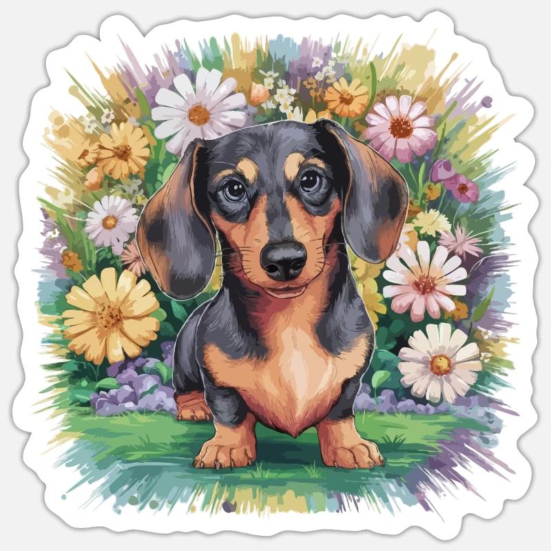 Teckel à fleurs Sticker taille S (10 x 10 cm)