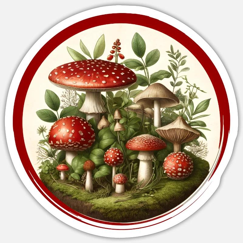 Champignons rouges détaillés sur le sol de la forêt - Sticker taille S (10 x 10 cm) - blanc mat