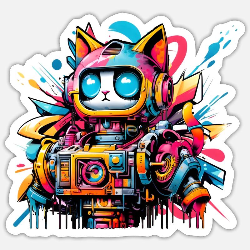 Katze gestaltet als Roboter im Comic Graffiti Stil - Sticker Größe S (10 x 10 cm) - Mattweiß