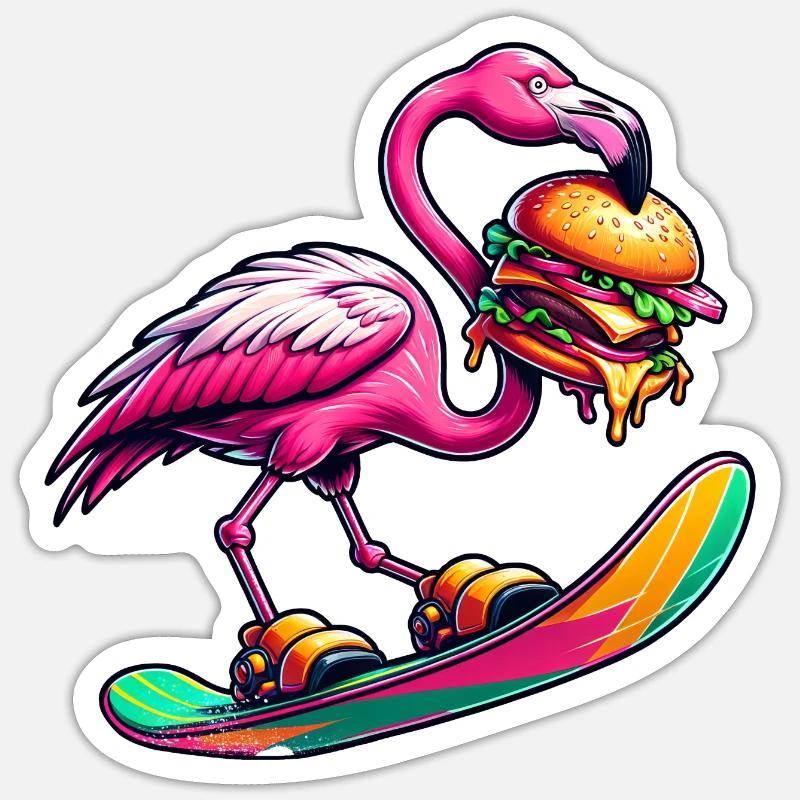 Flamingo Snowboarder mit Burger - Sticker Größe S (10 x 10 cm) - Mattweiß
