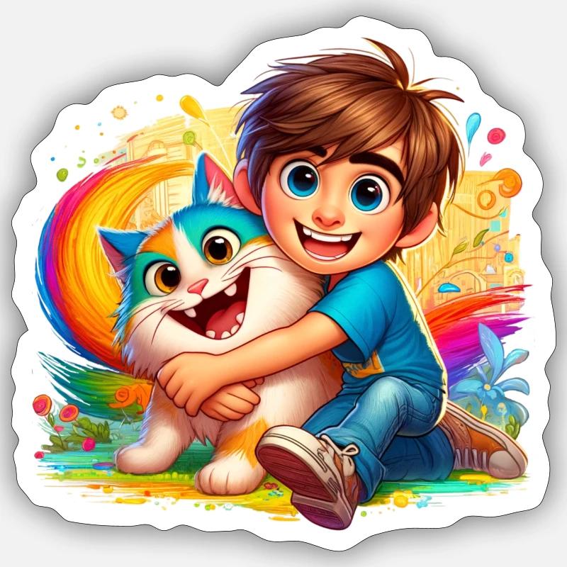 Garçon avec chat mignon Sticker taille S (10 x 10 cm)