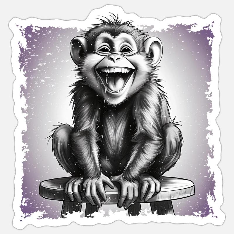 Monkey laughing sitting on stool - Sticker size S (10 x 10 cm) - white matte